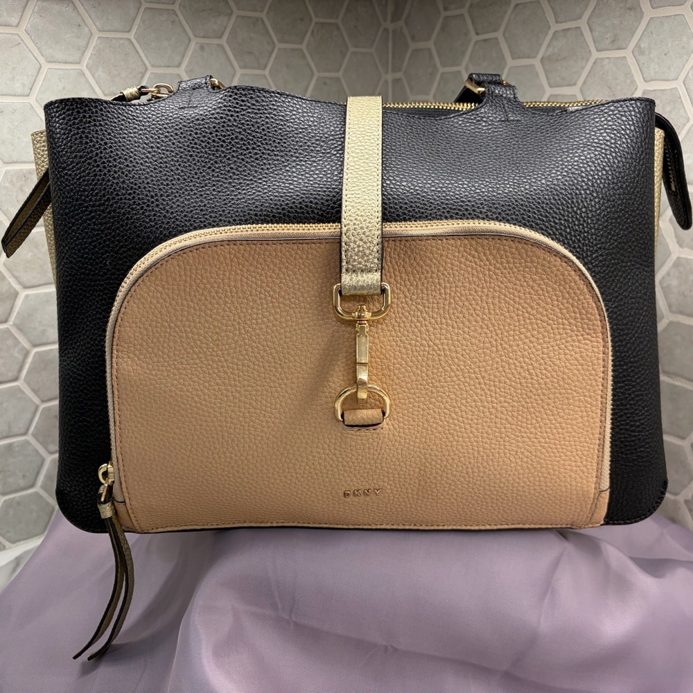 DKNY Two-Tone Black and Beige Shoulder Bag with Gold Hardware